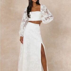 Floral Lace White Two-Piece Dress with Sheer Sleeves